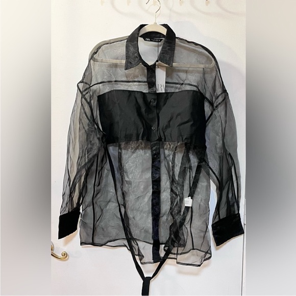 NWOT Poplin/Organza Semi-Sheer Oversize Shirt. Size L. . - Picture 5 of 7